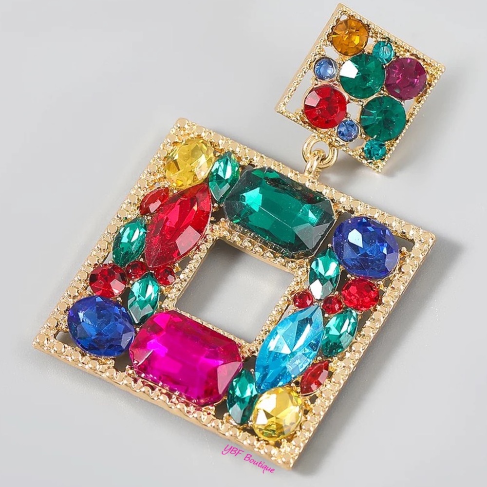 New Blue & Pink Multicolor Jewel Rhinestone Post Drop Statement Fashion Earrings - Picture 8 of 10